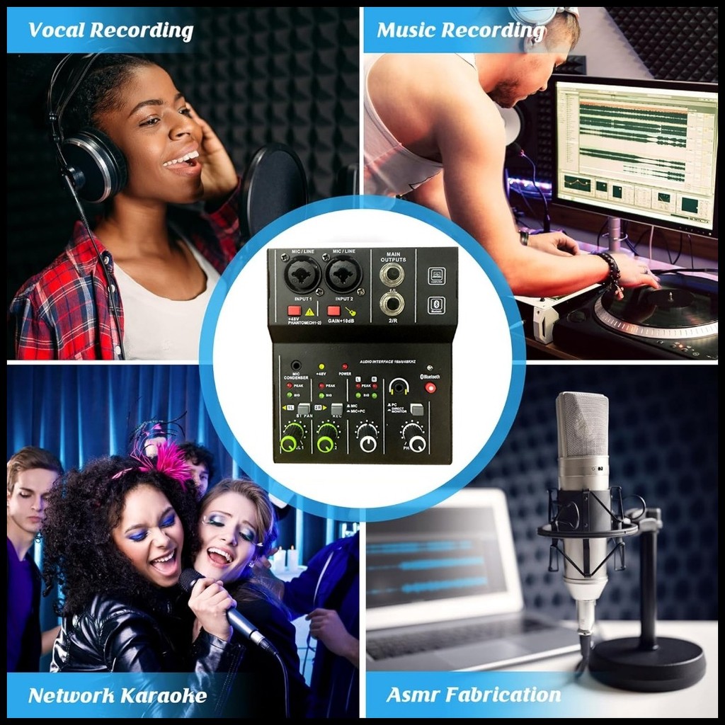 2 Channel Mixer USB Audio Interface Mini Mixer 48V Phantom Power with 3 ...