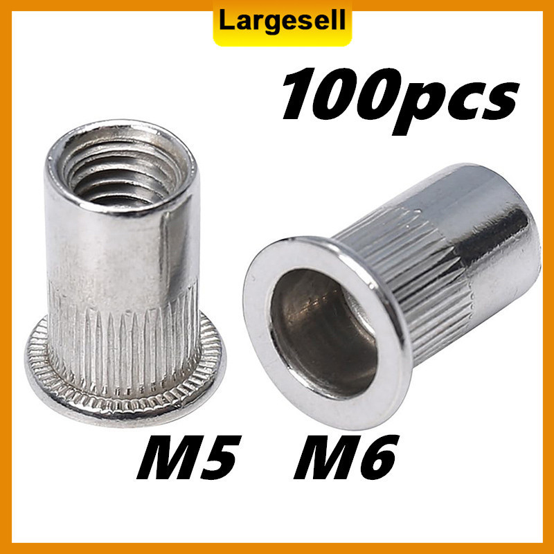 100pcs M5/M6 Flat Head Rivet Nut Stainless Steel Threaded Rivet Insert ...