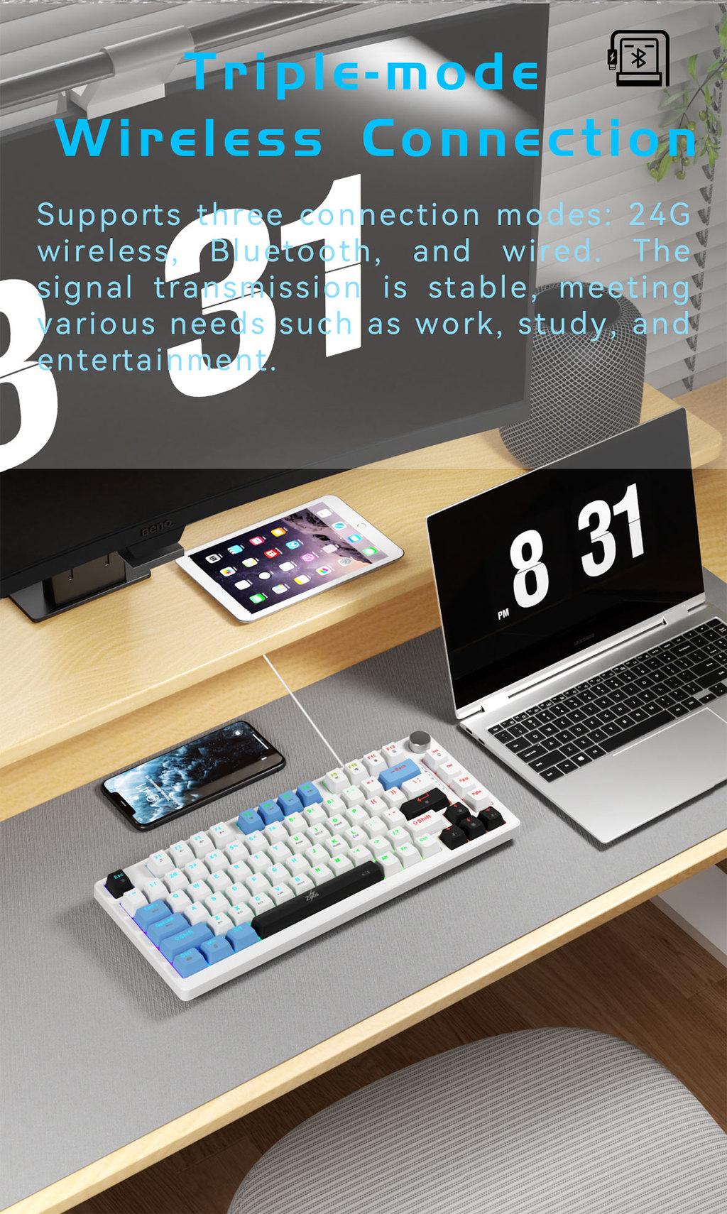 Zeus ZK066 81-Key Mechanical Keyboard Tri-Mode Wireless 2.4G Bluetooth ...