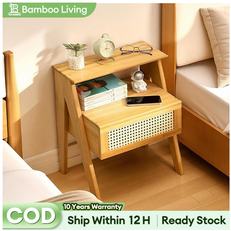 Rattan Nightstand Bedside Tables 43CM Modern Wood Side Table Small End ...