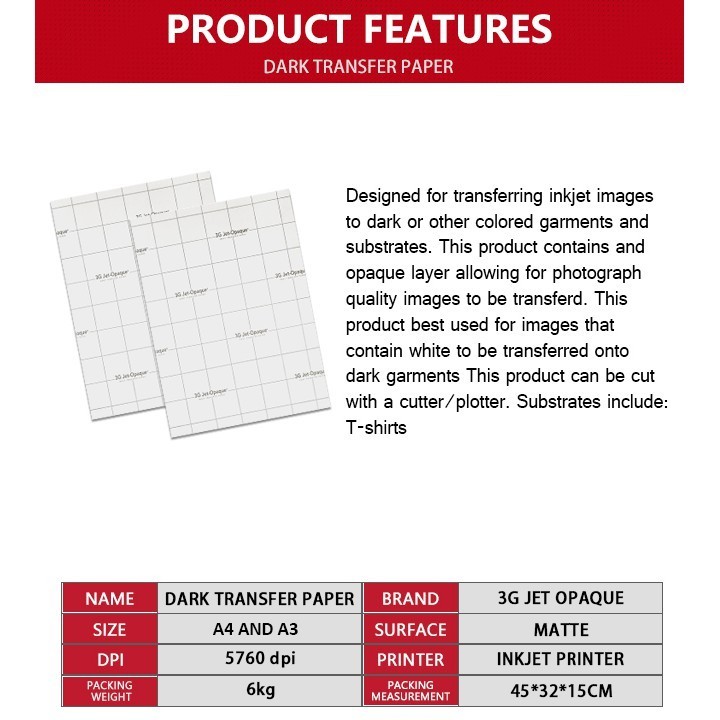 US 3G Dark Transfer Paper A4 Size - Using Pigment Ink (10 sheets ...