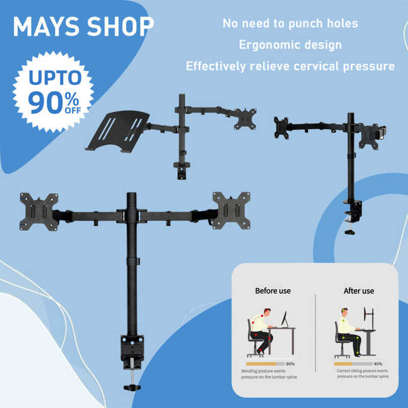 No Punching Required Alloy Double Arm Computer Monitor Mount Bracket ...
