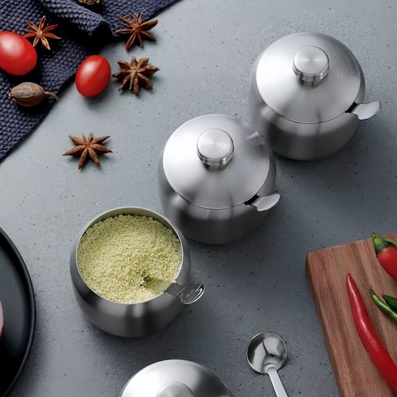 Stainless Steel Spice Jar Kitchen Condiment Container with Spoon Lid ...