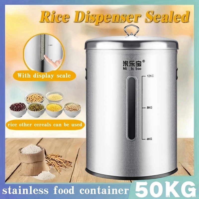 50KG Rice Dispenser Stainless Food Storage Cereal Grain Organizer with ...