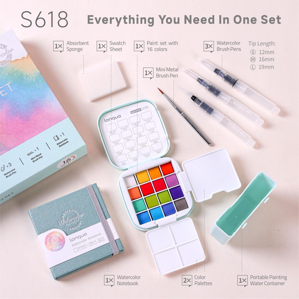 Mini Watercolor Paint Set 16 Solid Colors Portable All-in-One Art Kit ...