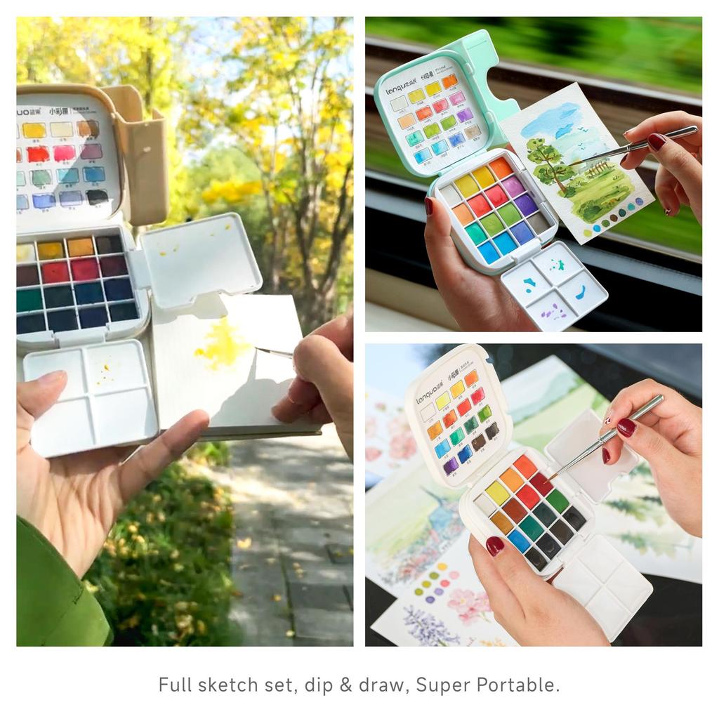 Mini Watercolor Paint Set 16 Solid Colors Portable All-in-One Art Kit ...