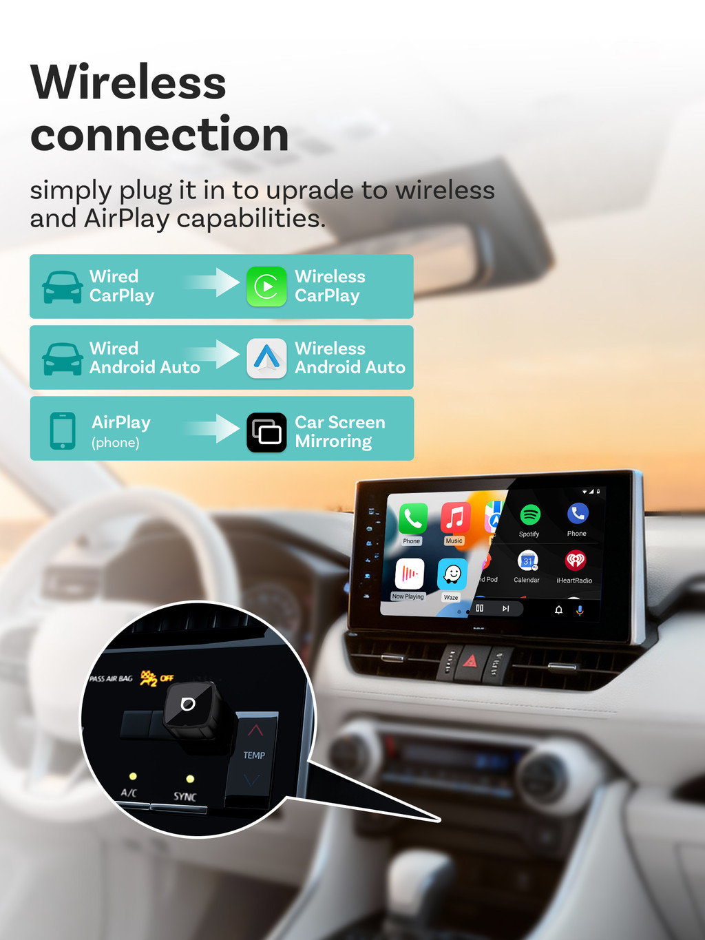 Ottocast Mini Air 3 in 1 Wireless CarPlay Android Auto Adapter ...