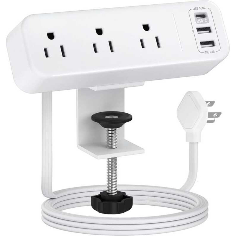 3 Outlet Strip With USB C, White Flat Plug Desktop Edge Power Strip ...