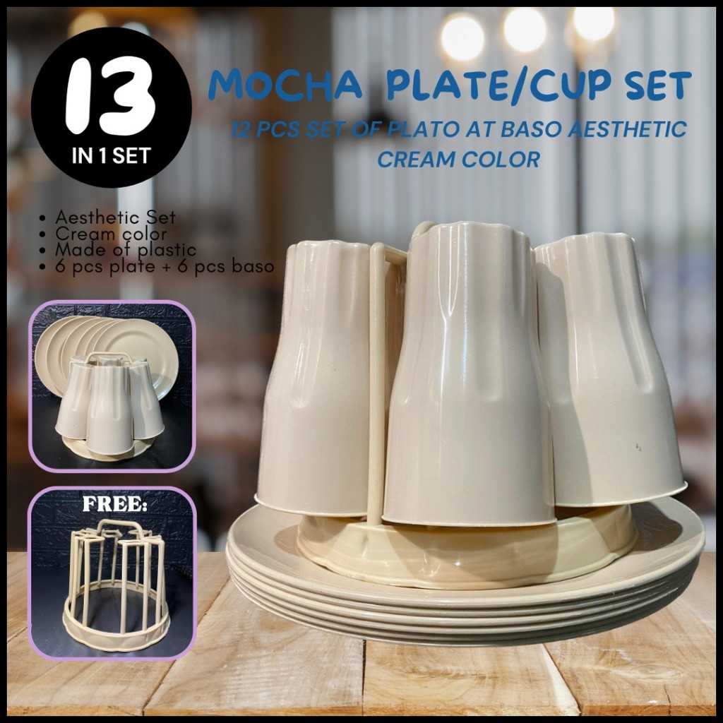12 IN 1 Aesthetic Cream Color Plastic Plate and Cup Set with Rack High ...