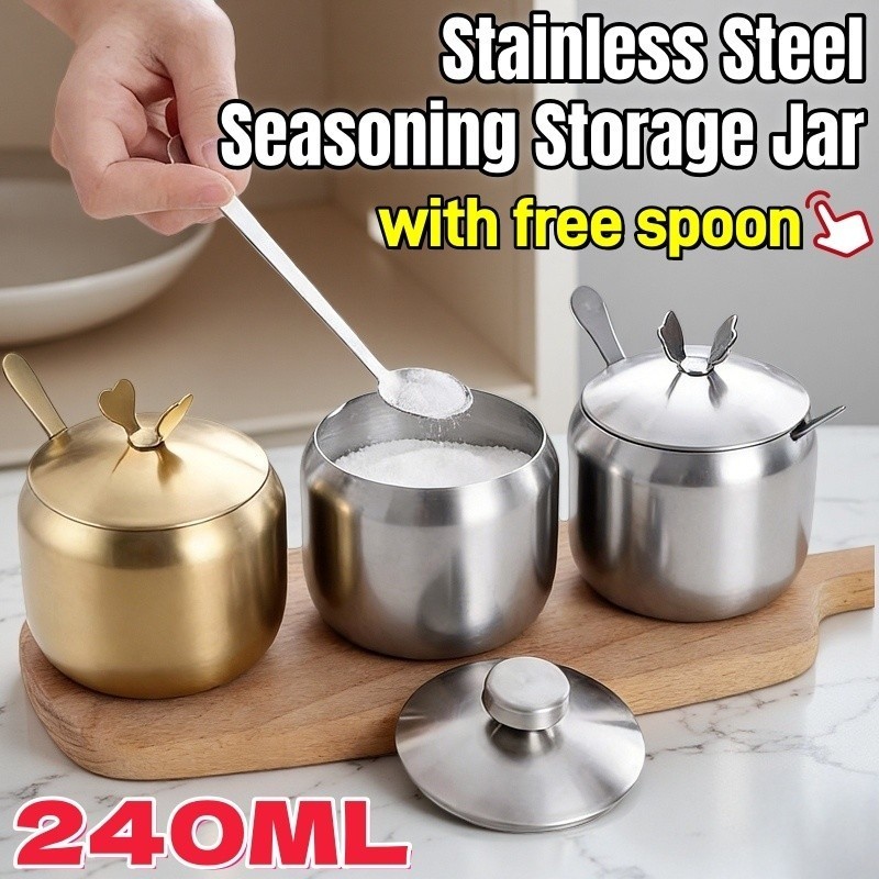 Stainless Steel Spice Jar Kitchen Condiment Container with Spoon Lid ...