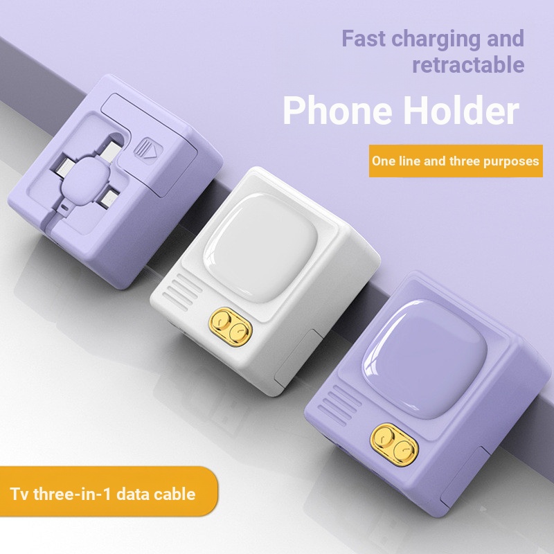 1.2m Retro Style Retractable Three-in-One Data Cable 100W Bracket One ...