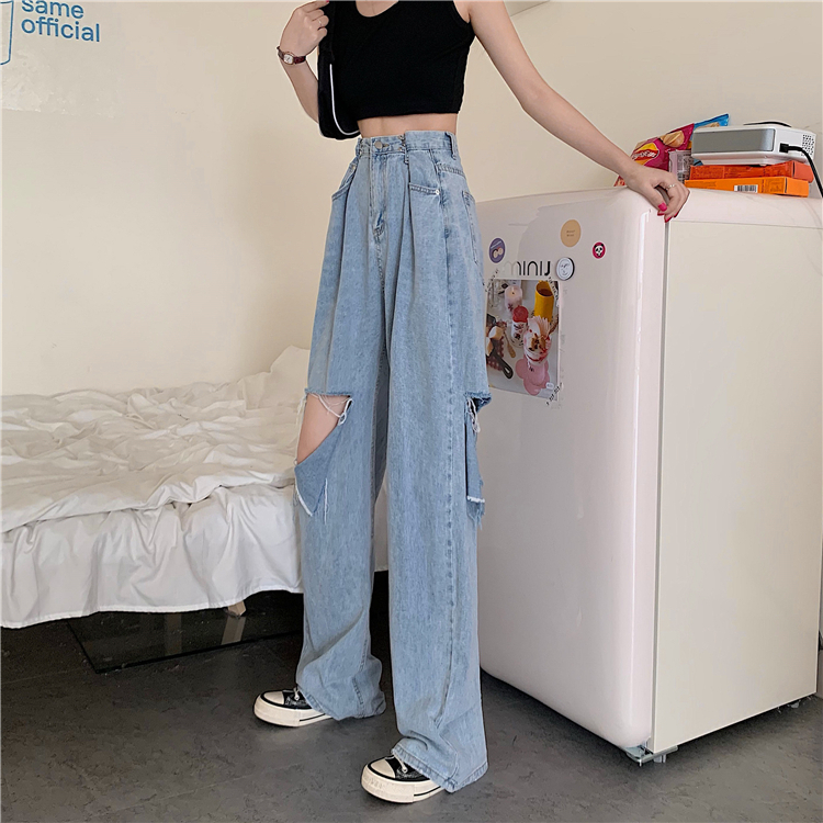 Wide leg straight tube loose ripped jeans woman | Shopee Philippines