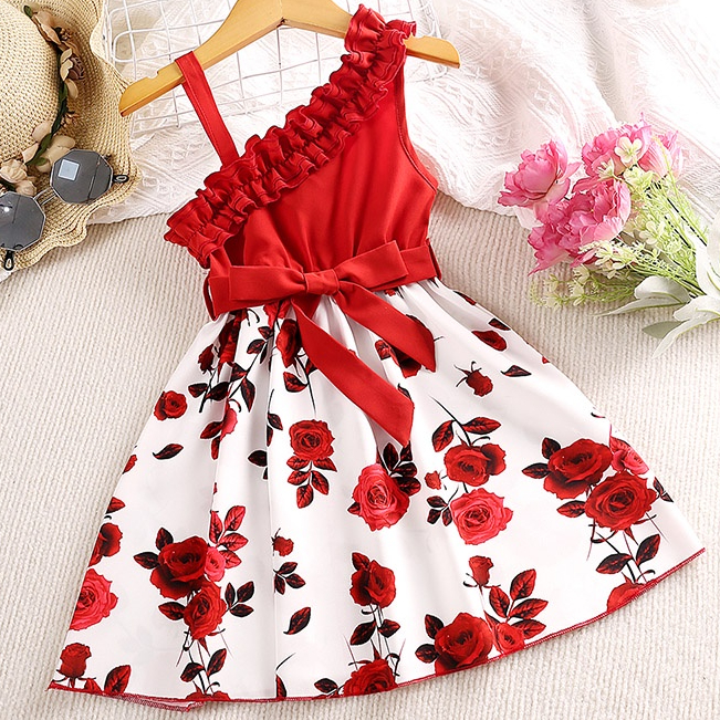 Stand Style Asymmetrical Maxi Kids Red Ruffled Collar Dresses main image 1