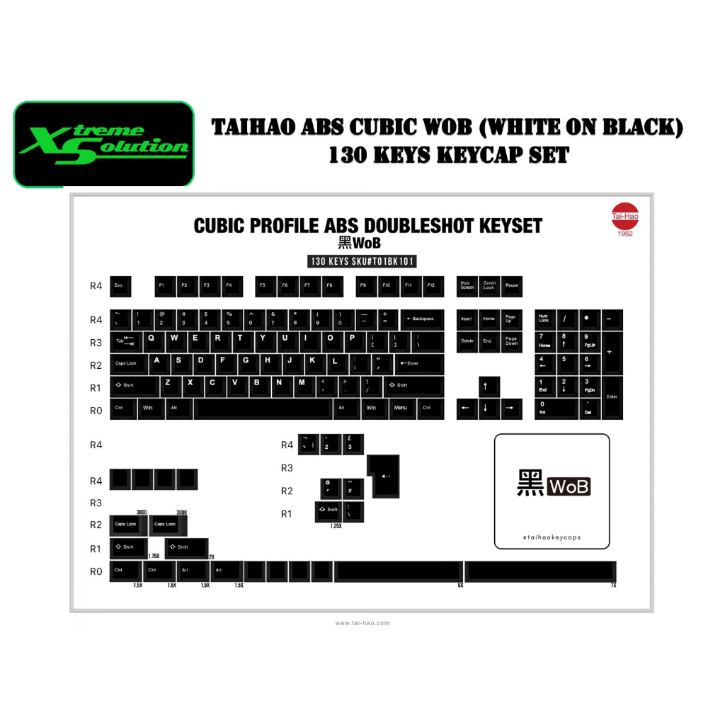 Tai-Hao ABS Cubic Profile 130 Keys Keycap Set (WoB White on Black / BoW ...