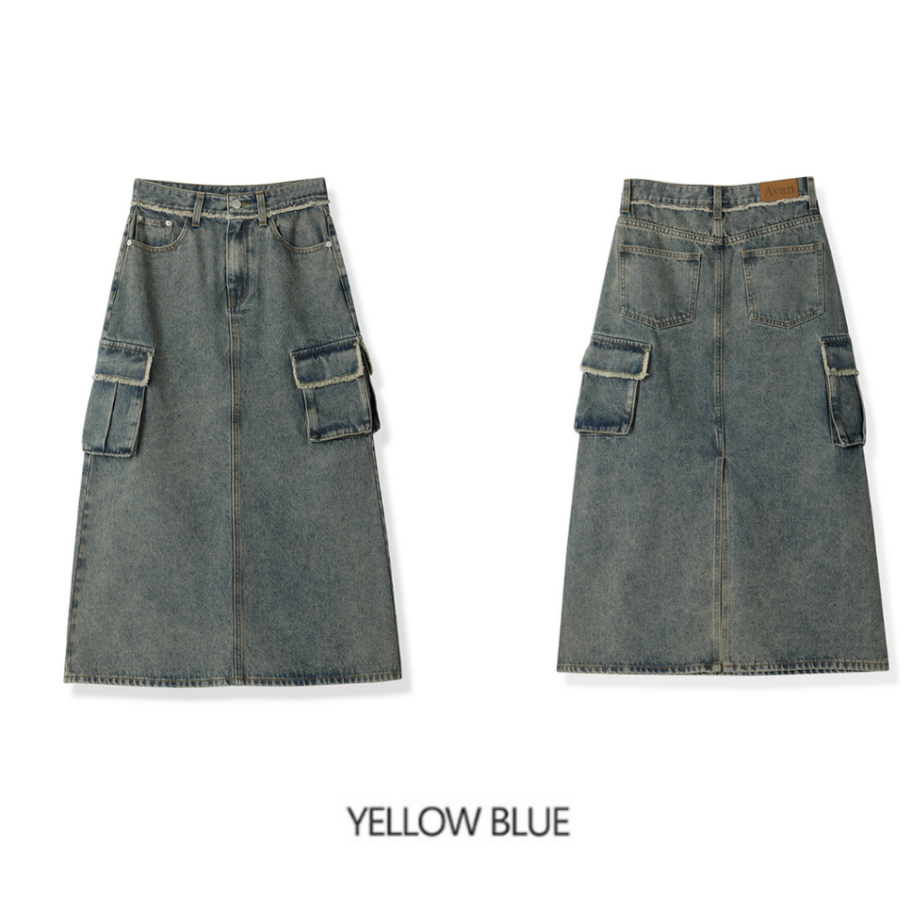 スカート AVANDRESS Harper Tassel Pocket Denim Long Skirt YELLOW BLUE AVANDRESS Harper Tassel Pocket Denim Long Skirt | Shopee