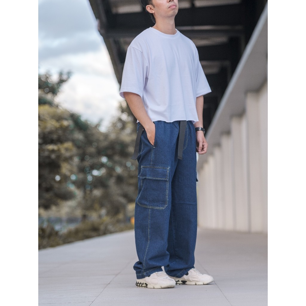 BAON】Ikune Wide Cut Cargo Denim Pants WKNDS Denim Washed Baggy