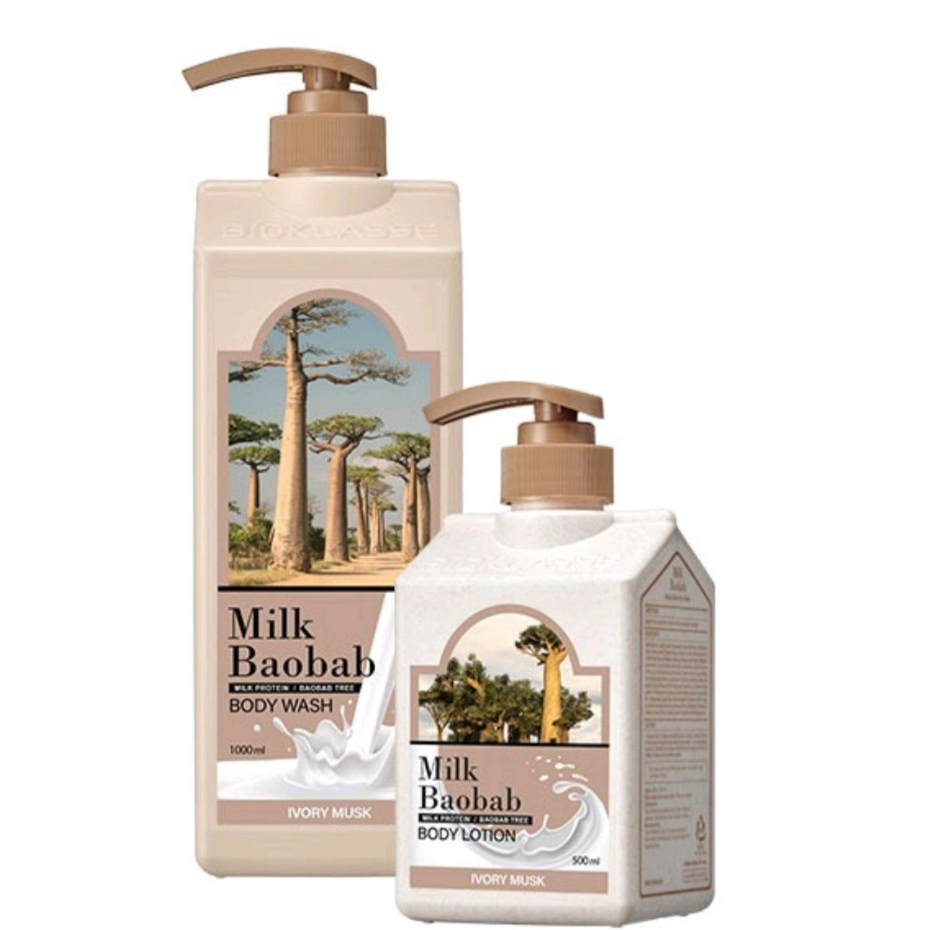 Milk Baobab body wash (1000ml), body lotion (500ml) Ivory musk scent