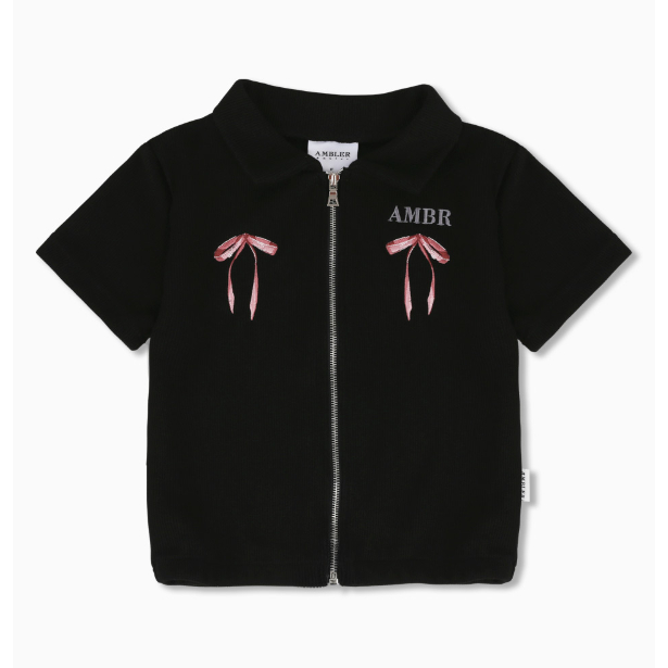[AMBLER] More Ribbon Please Crop Collar Zip-up Knit ACZ201 | Shopee ...