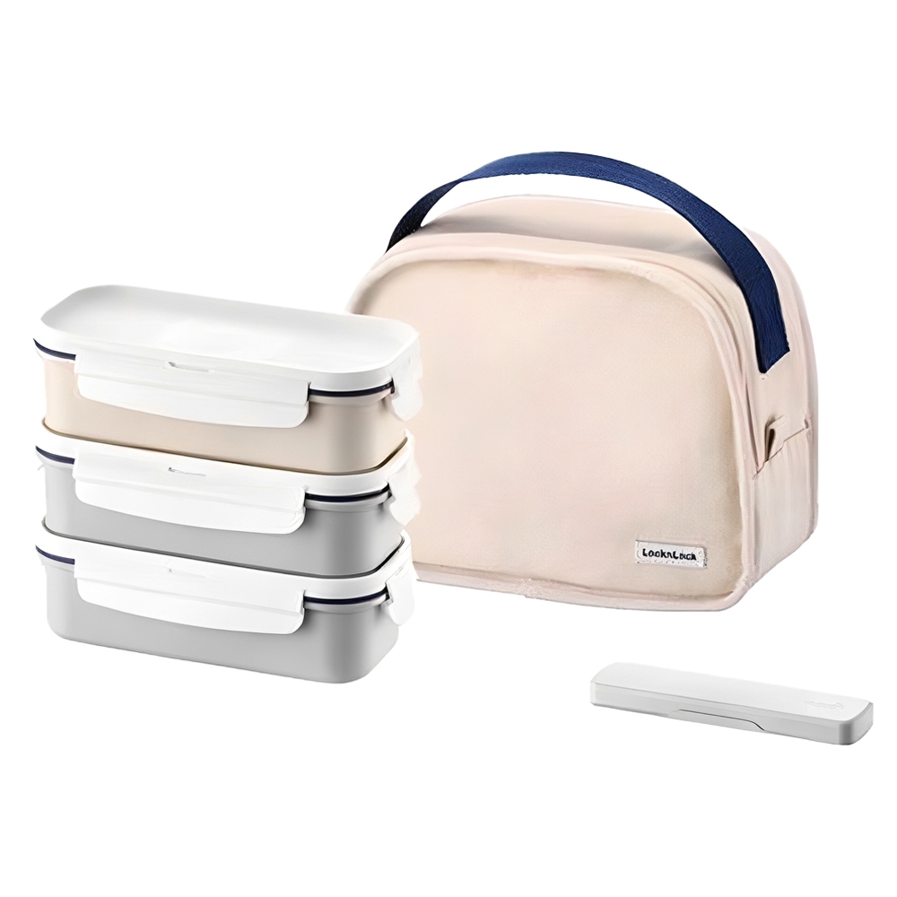 LocknLock Daily Cotton 3-Tier Lunch Box Set | Rectangular Bento with ...