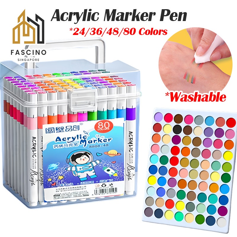 【SG】24/36/48/80 Colors Acrylic Markers Pen Washable Paint Kids DIY ...