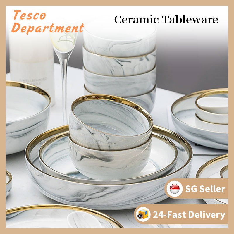 【SG Seller】Ceramic Bowl Dish Plate Gold Edge Marble Bowl Dish Set ...