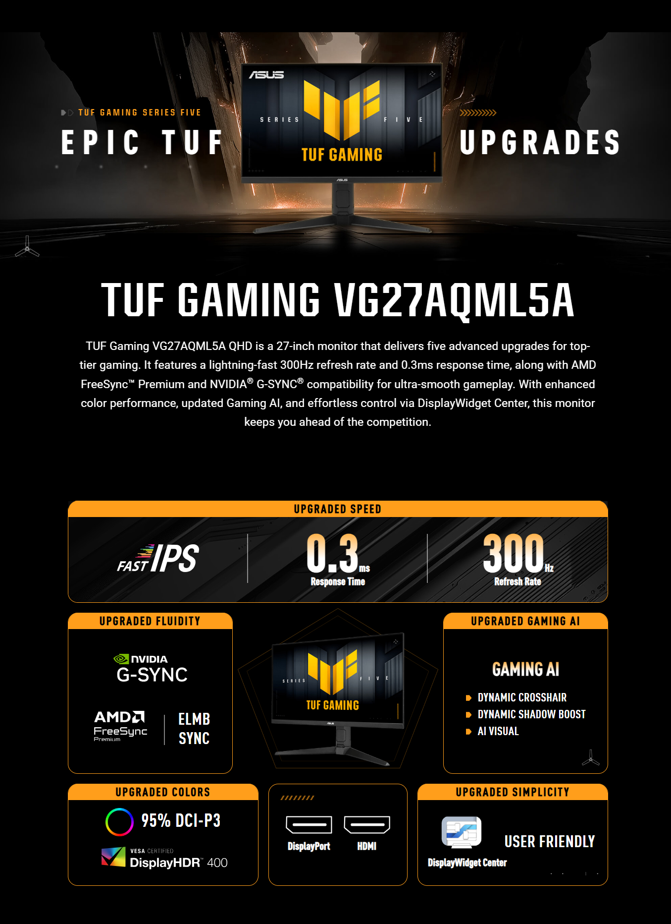 ASUS VG27AQML5A MONITOR GAMING, 27 , WQHD, 2560 x 1440 Pixel, tempo di risposta 1 ms, refresh rate 300 Hz
