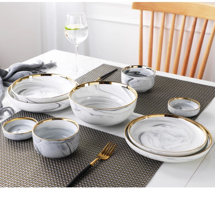 【SG Seller】Ceramic Bowl Dish Plate Gold Edge Marble Bowl Dish Set ...