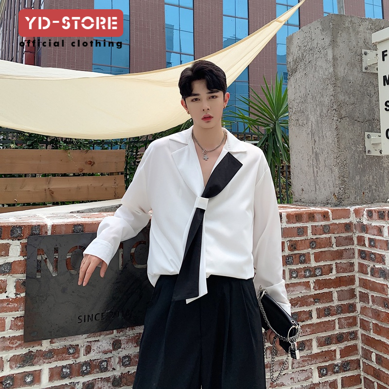 September New Korean style contrast color suit bow tie design shirt long sleeved Korean version loose alternative scheming male high sense