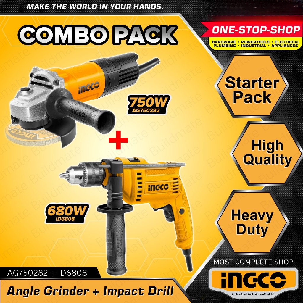 INGCO Combo: 750W Angle Grinder AG70012 & 680W Impact Hammer Drill ...