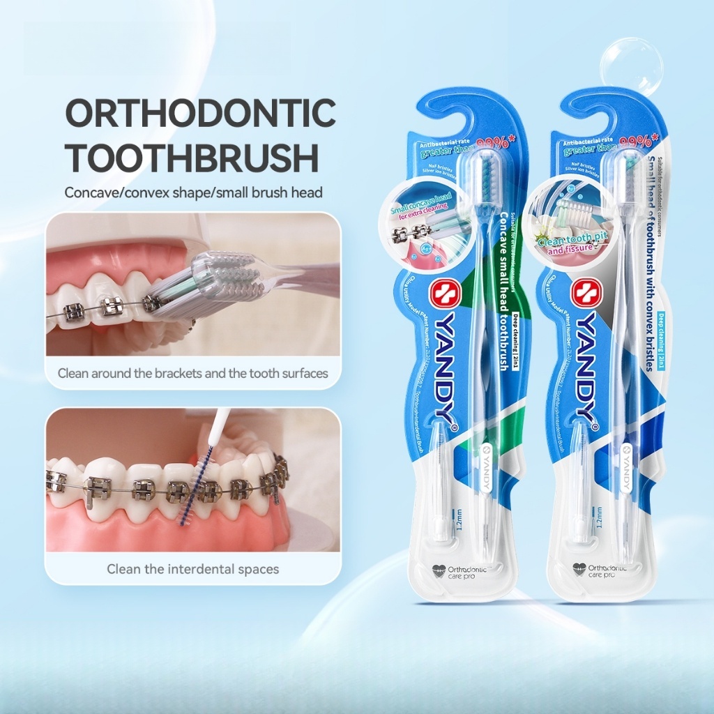 3pcs YANDY Orthodontic Toothbrush Set with Built-in Interdental Brush ...