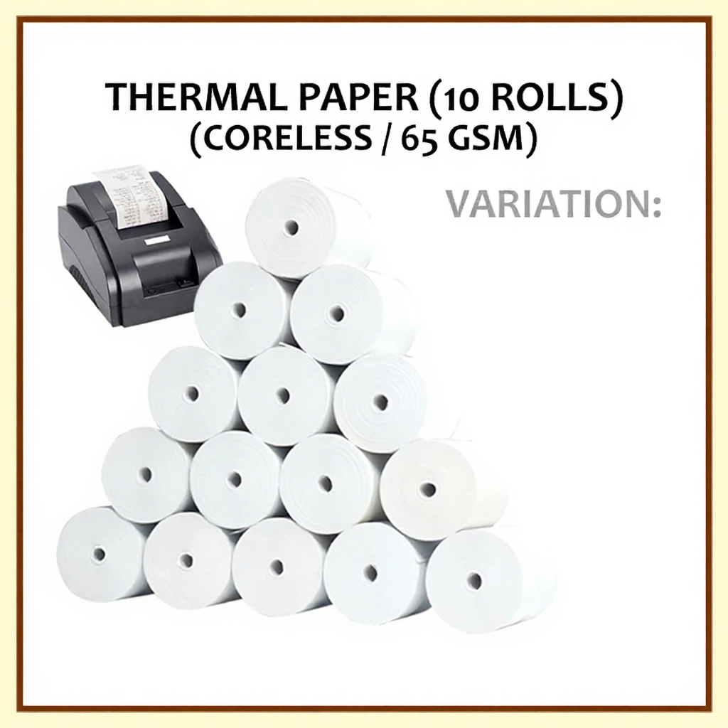 Coreless Thermal Paper Rolls (10) for POS Receipts, 65gsm, Various ...