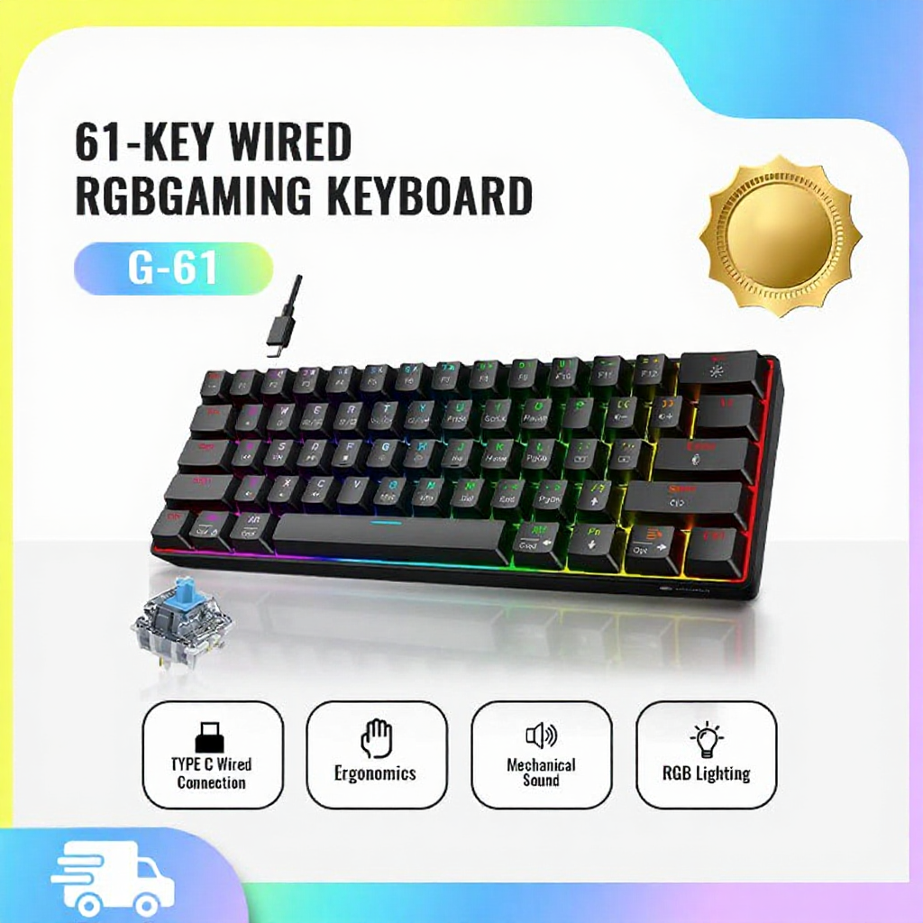 Zeus 61-key wired Type-C mechanical keyboard with blue switches, RGB ...