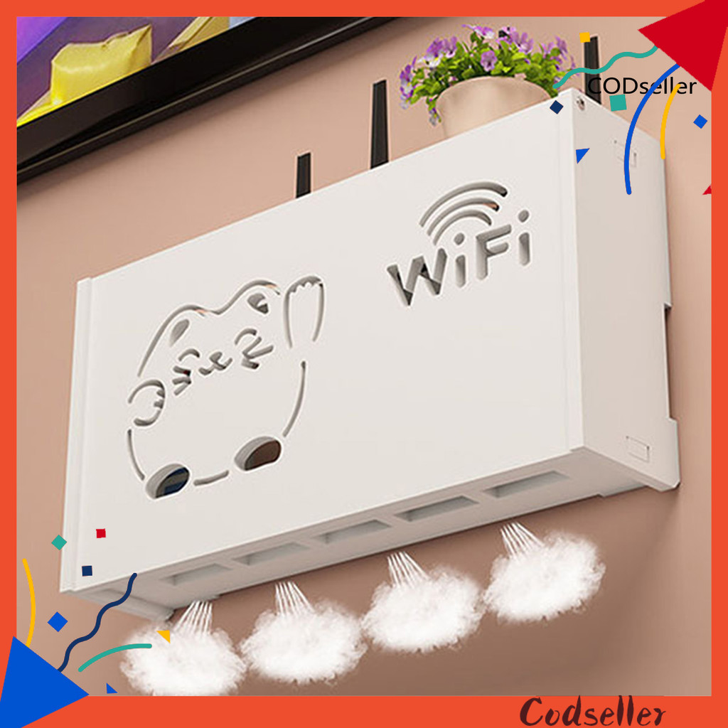 COD_WiFi Router Storage Box Wall Mount Wooden Router Shelf Organizer ...