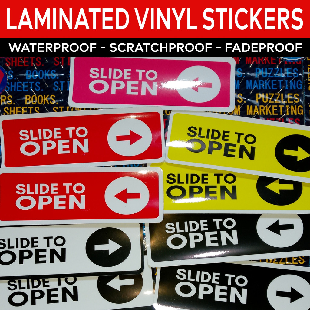 SLIDE TO OPEN Sign Laminated Vinyl Stickers VNYL Sticker Signages ...