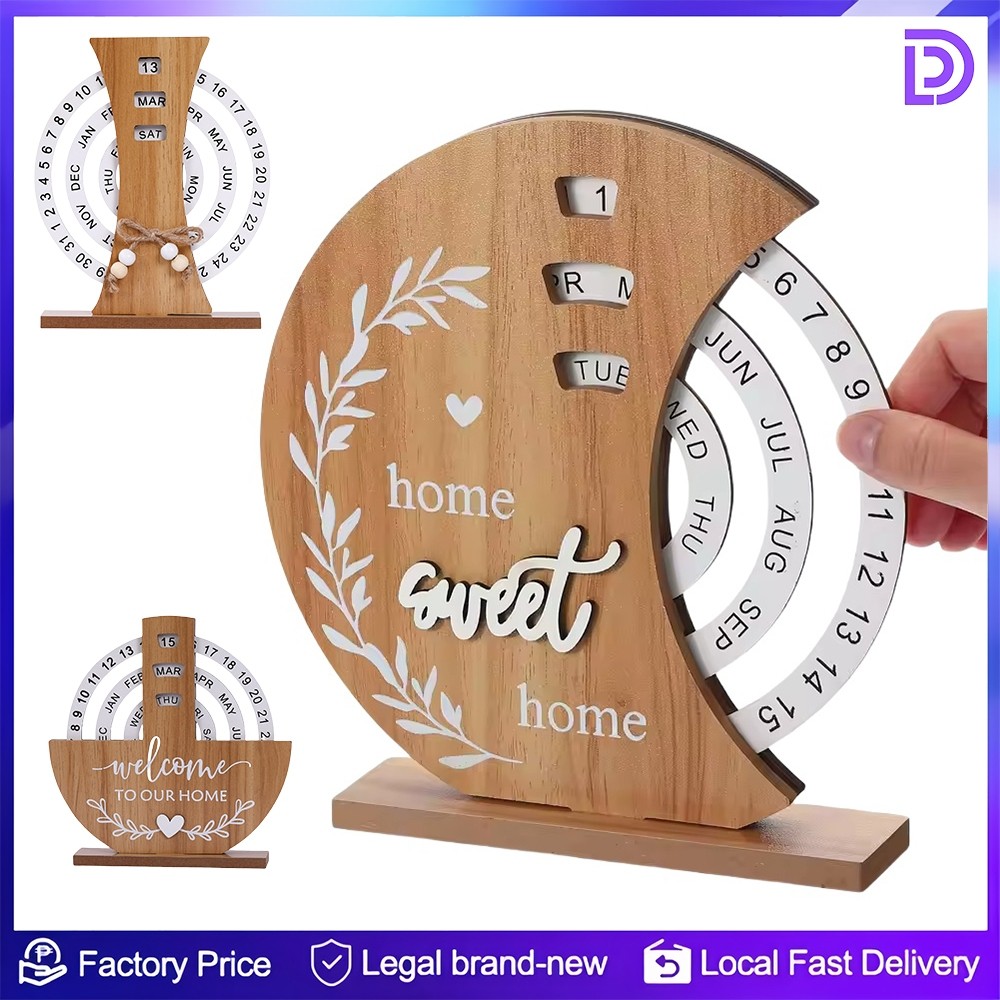 Wooden Perpetual Calendar Disc Stand Manual Rotating Turntable Calendar ...