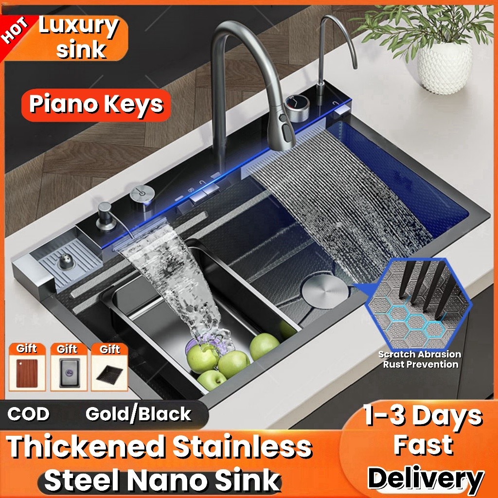 Kitchen Sink SuS304 Stainless Steel Sink Digital Waterfall Faucet Set ...