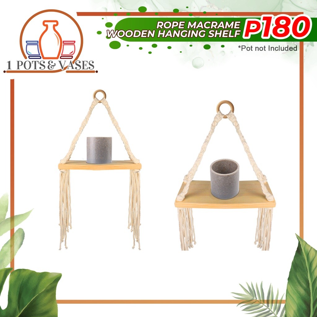 1Pots&Vases 1pc Handmade Rope Macramé Wooden Hanging Shelf (Pot and]a ...