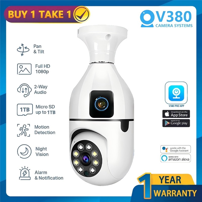 V380 PRO CCTV Bulb Camera Wifi Connect to Cellphone Dual Lens 16MP+16MP ...