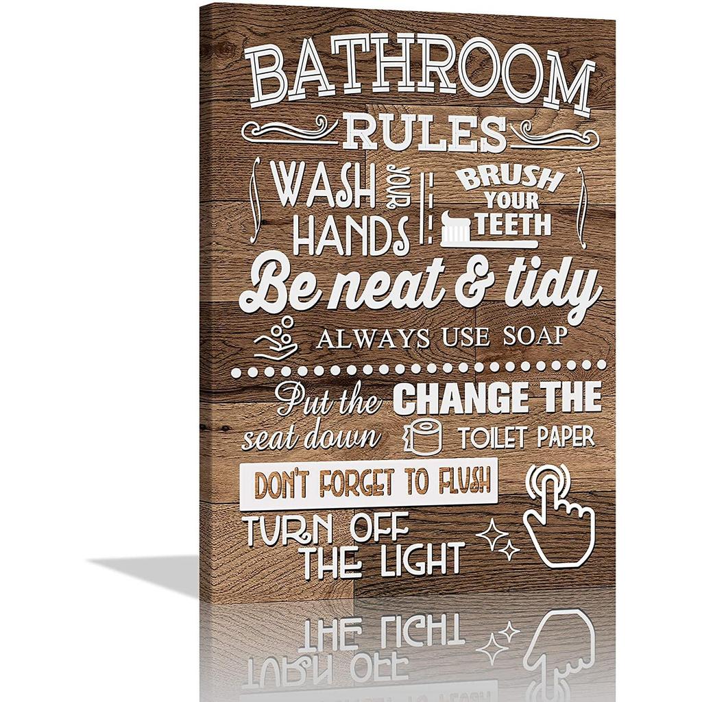 Bathroom Canvas Wall Art Tet Funny Rules Sign Poster Wood Grain ...