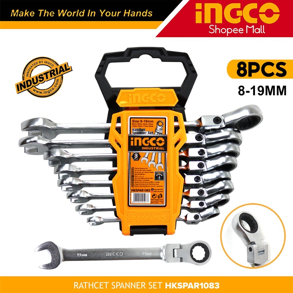 INGCO 8pcs Flexible Ratchet Combination Spanner Wrench Set 8-19MM ...