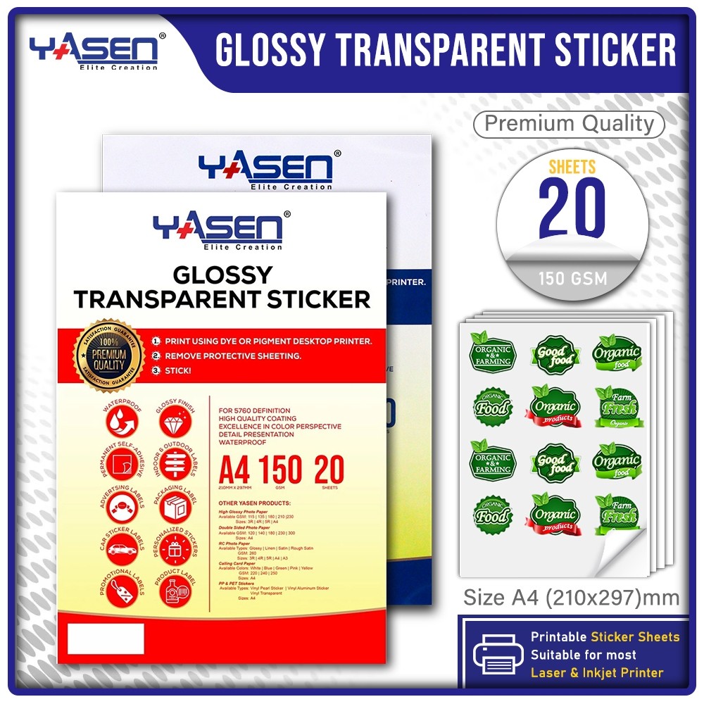 YASEN Transparent Vinyl Sticker A4 Size Waterproof Sticker Paper 150GSM ...