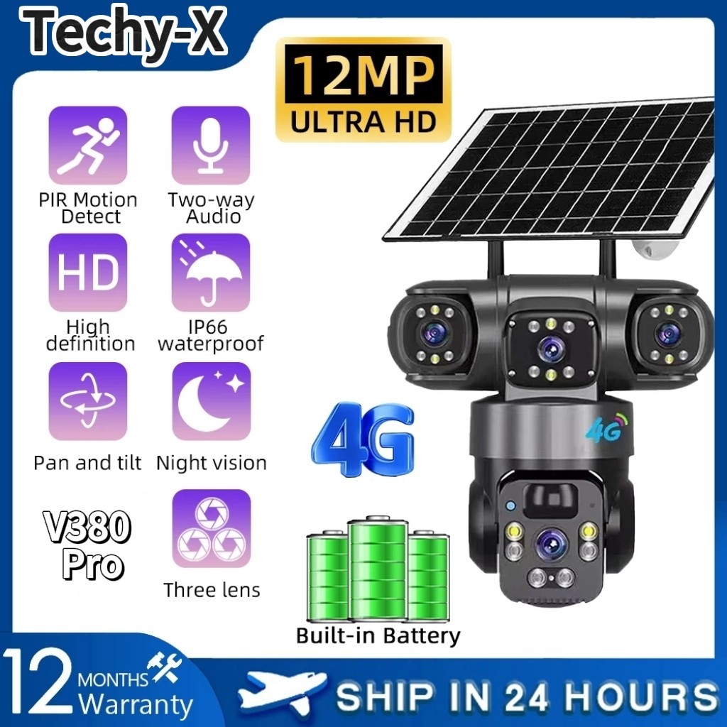 V380 PRO Three Lens 12MP Wireless Solar Camera 4GSIM Card Color Night ...