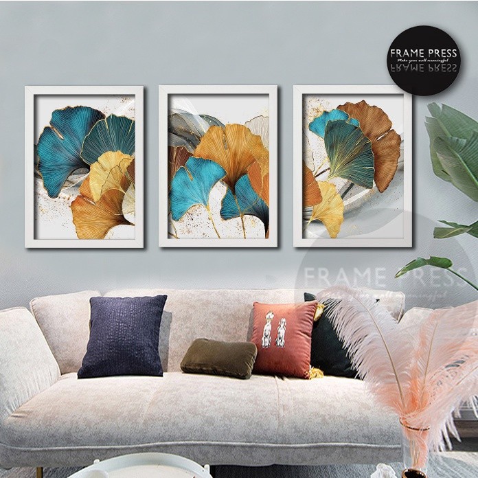 3 pcs set - Blue Yellow Green Gold Leaf - WALL DECOR FRAMES - HOME ...
