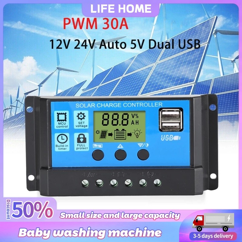 10A 20A 30A PWM Solar Charge Controller 12V/24V Bat Regulator Solar ...