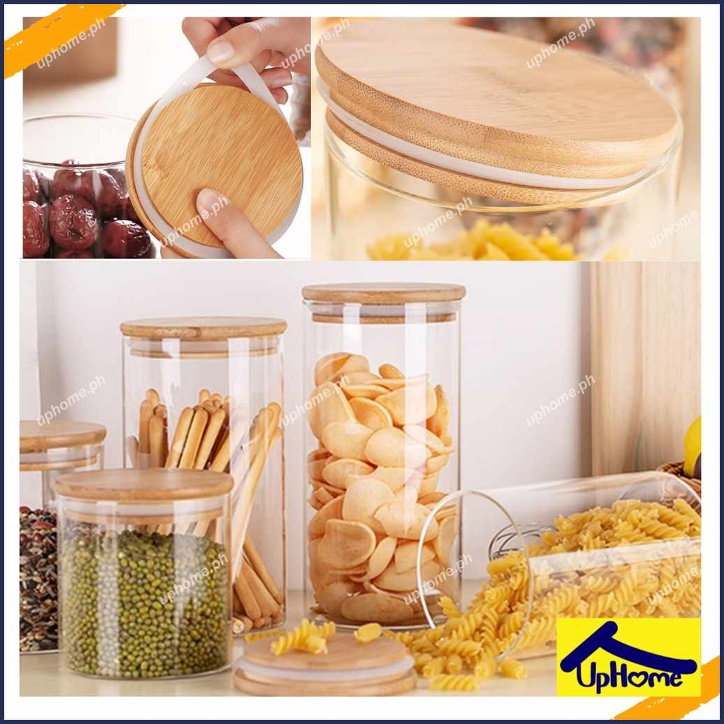UpHome Bamboo Lid Candy Jar Glass Canister Party Food Storage ...