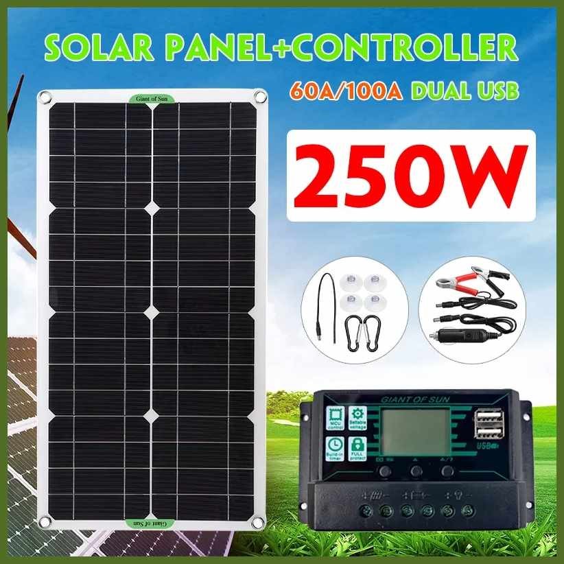250W Solar Panel Kit Complete Dual 12/5V DC USB With 60A/100A Solar ...