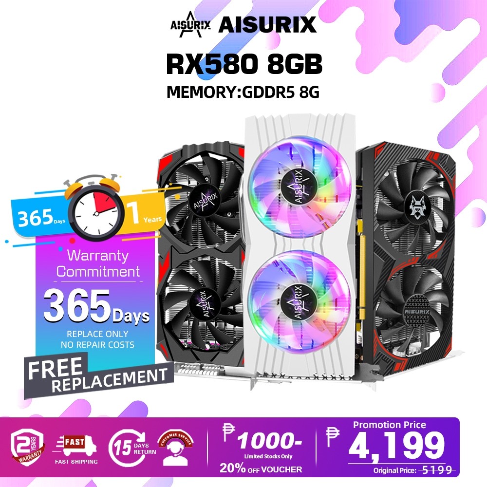 AISURIX Graphics Card RX 580 8GB GDDR5 256Bit 2084SP Computer GPU Video ...