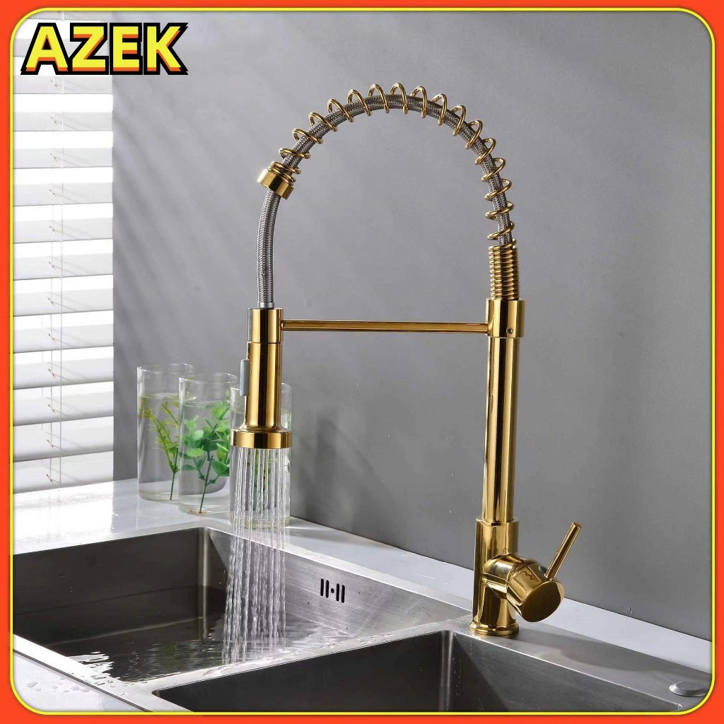 AZAKE 360° Swivel Stainless Steel Gold Pull-Out Kitchen Faucet For Sink ...