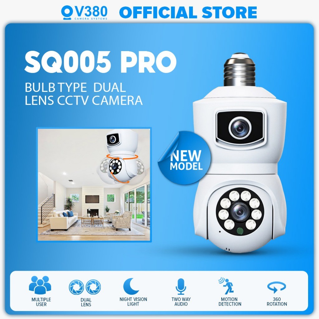 V380 SQ005 Pro 1080P Dual Lens Bulb CCTV Camera Night Vision Light 360 ...