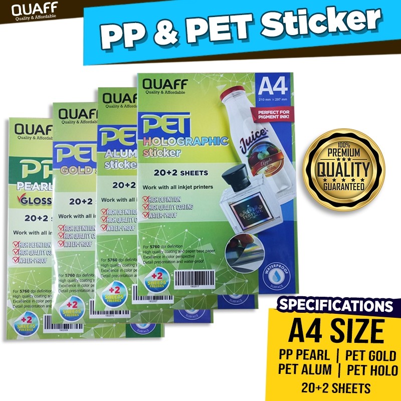 QUAFF}J'PET.G`Printable Label Sticker Waterproof 180Gsm A4 Size (20+2 ...